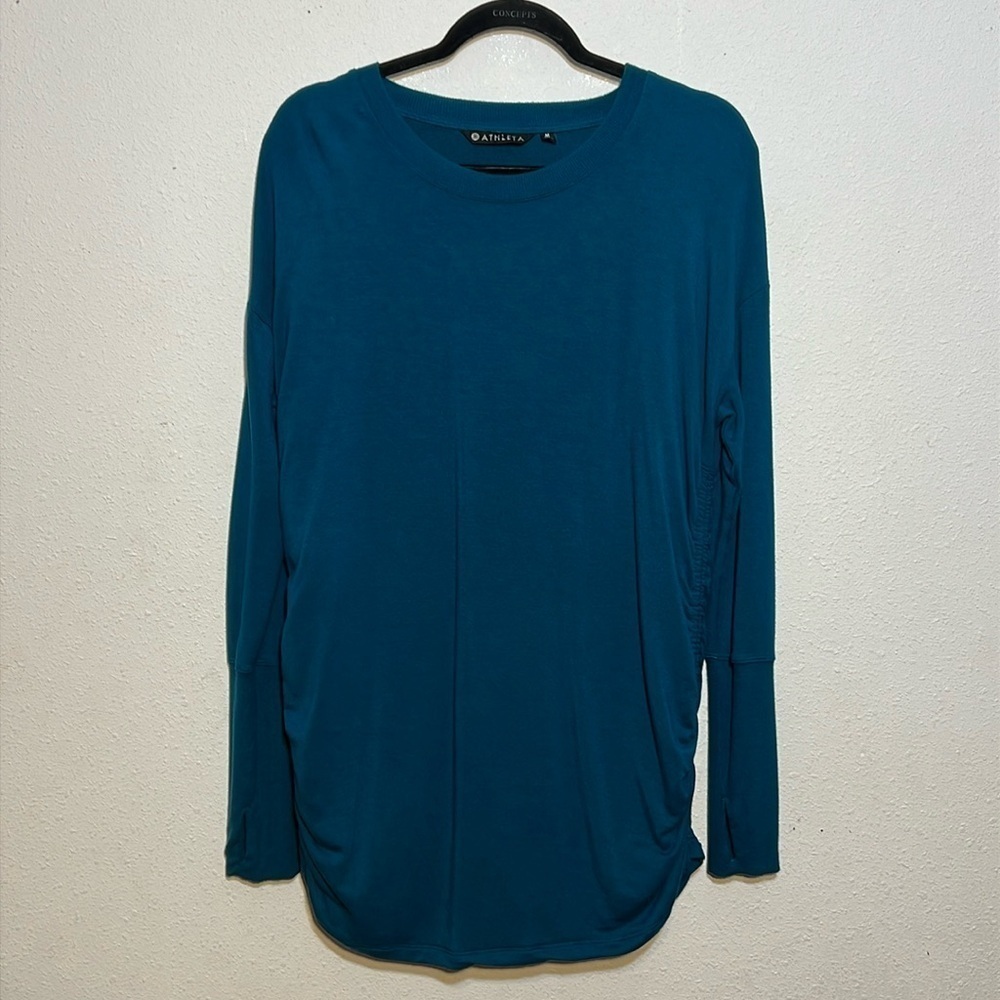 Athleta drishti Teal ruched side pullover long sleeve cozy lounge Size Medium